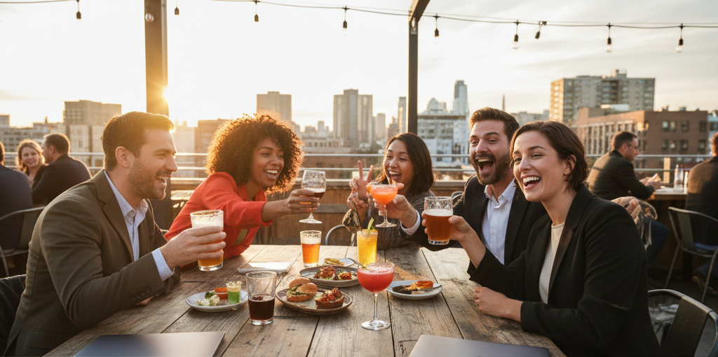 Tech innovators sharing drinks and food at a rooftop table at sunset.