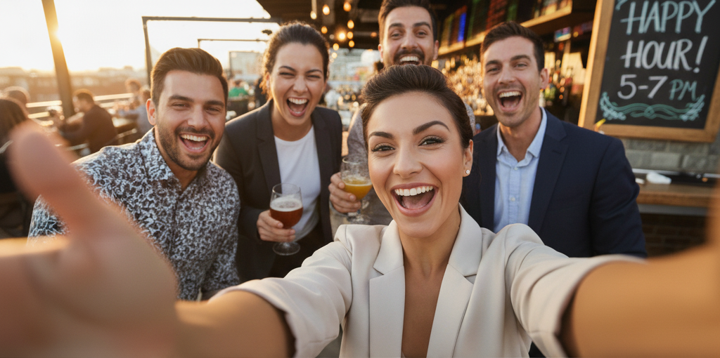 Tech innovators taking a lively group selfie during happy hour.